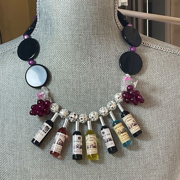 Carole Spilberg Designs Jewelry - Wine Lover’s Statement Necklace, Miniature Wine Bottle Jewelry with Earrings